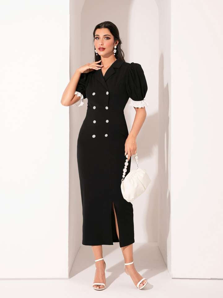 CM-DS031336 Women Elegant Seoul Style Lace Patchwork Double-Breasted Puff Sleeve Dress - Black