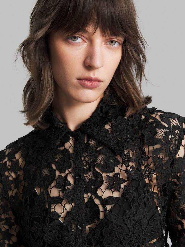 CM-TS336051 Women Casual Seoul Style Stand Collar Short Sleeve Lace Hollow Out Shirt - Black