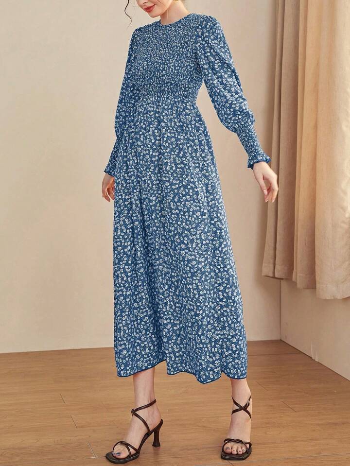 CM-DS548974 Women Casual Seoul Style Floral Wrap Around Round Neck Long Sleeve Dress