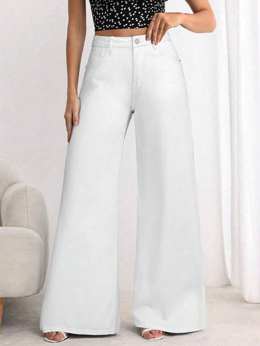 CM-BS099389 Women Elegant Seoul Style Button Front Pocket Loose Wide Leg Jeans - White