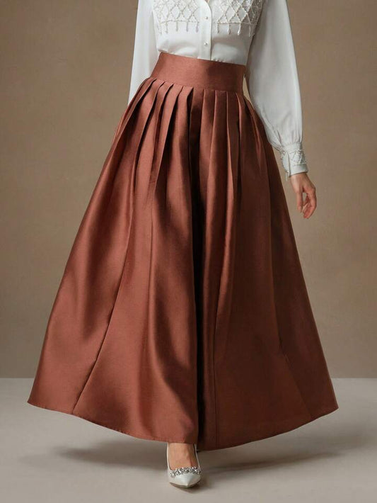 CM-BS672212 Women Elegant Seoul Style High Waisted Puff Pleated Long Skirt - Rust Brown