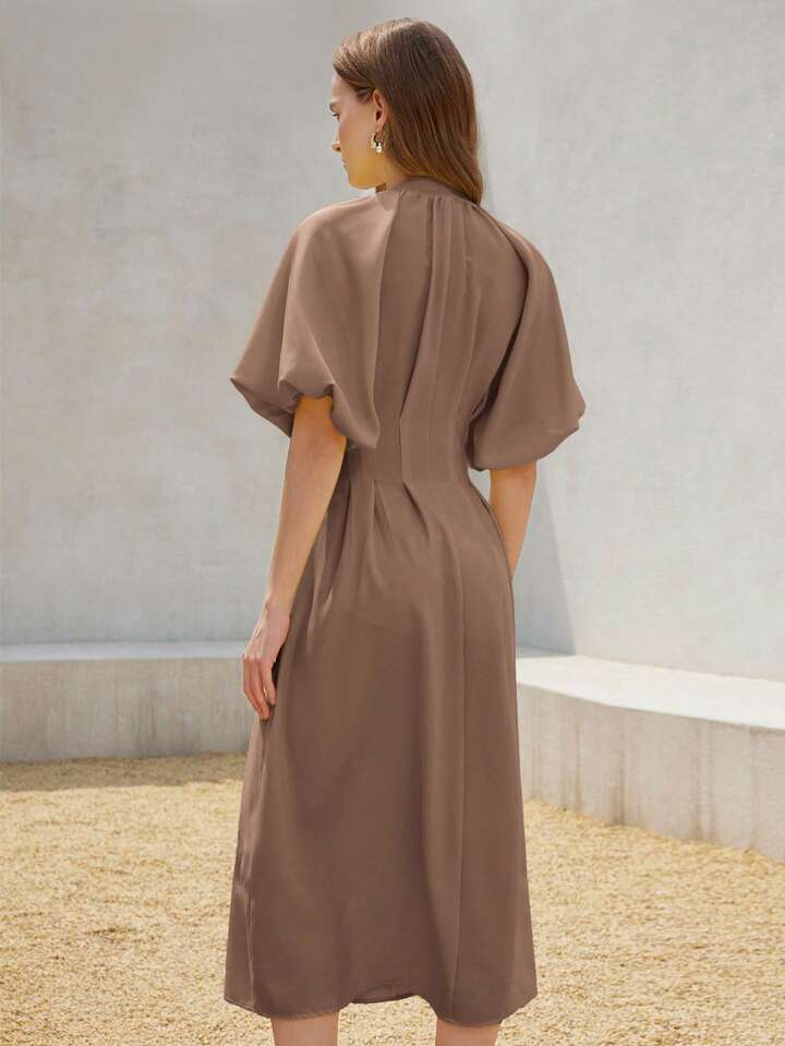 CM-DS400484 Women Elegant Seoul Style Solid Color Chiffon Cinched Waist Puff Sleeve Open Front Long Dress - Coffee