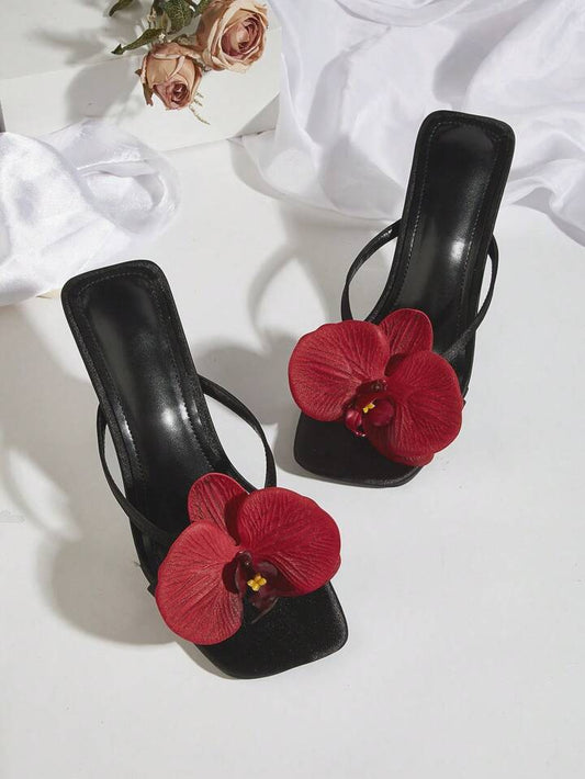 CM-SHS138678 Women Trendy Seoul Style Floral Open Toe Stiletto High Heel Sandals - Black