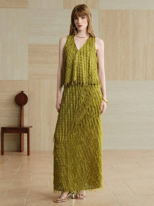 CM-SS374710 Women Trendy Bohemian Style Tassel Jacquard Fringed V-Neck Sleeveless Top With A-Line Mini Skirt - Set