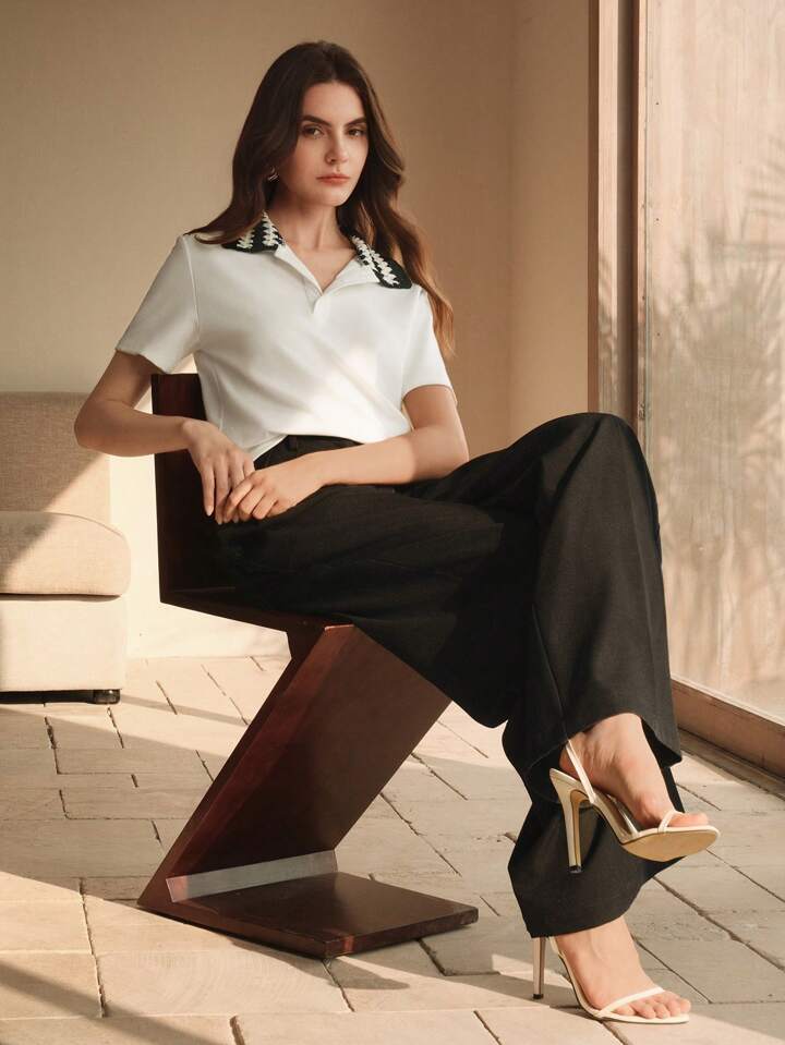 CM-TS122449 Women Casual Seoul Style Color Block Ribbed Trim Short Sleeve T-Shirt - White