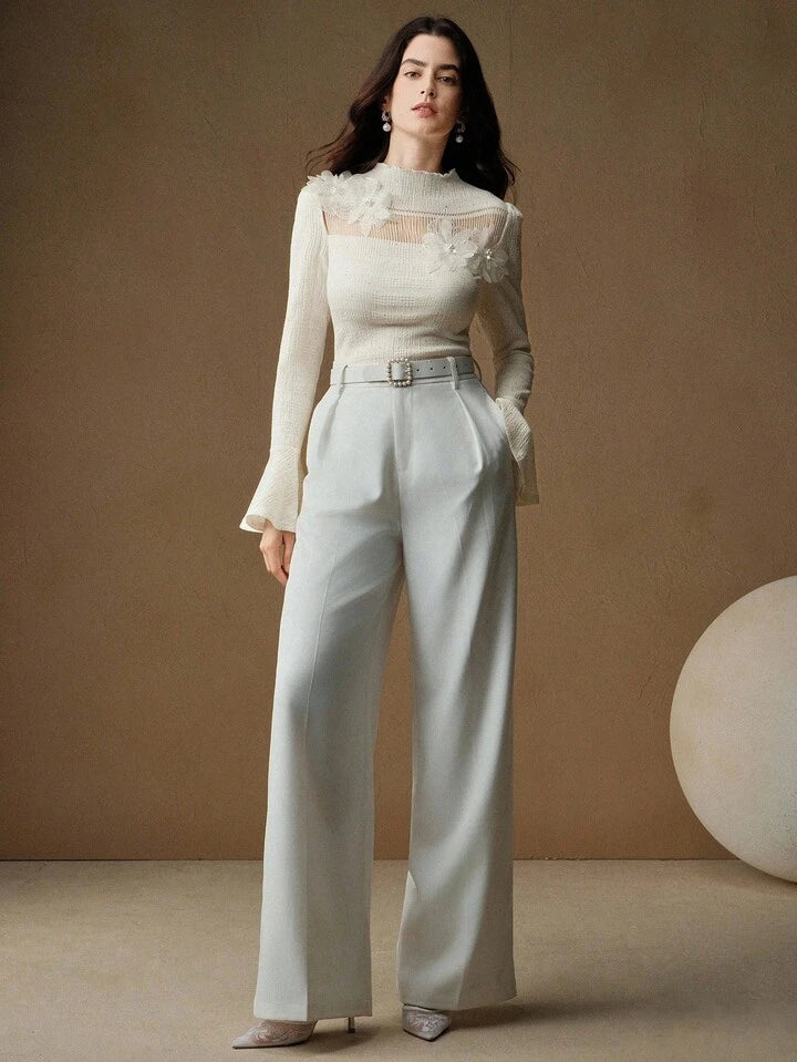 CM-TS613963 Women Elegant Seoul Style Floral Appliques Stand Collar Extra Long Flared Sleeve Blouse - Apricot