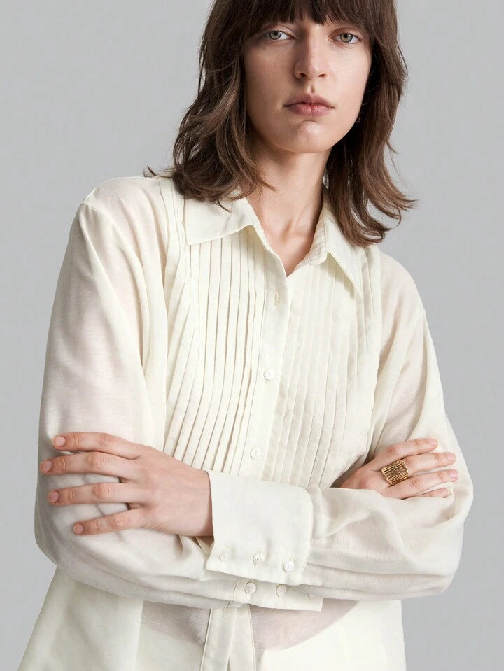 CM-TS444216 Women Casual Seoul Style Solid Pleated Detail Long Sleeve Blouse - White