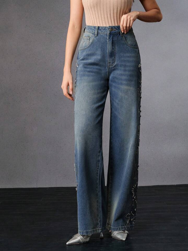 CM-BS854729 Women Elegant Seoul Style Mid Waist Embroidered Straight Leg Jeans - Blue