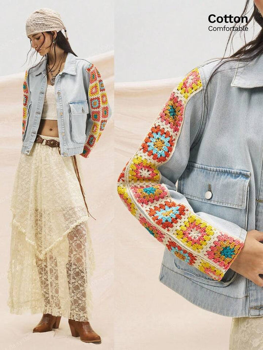 CM-CS335360 Women Casual Seoul Style Collar Neckline Stitching Multi-Color Sleeves Pattern Pattern Denim Jacket - Blue
