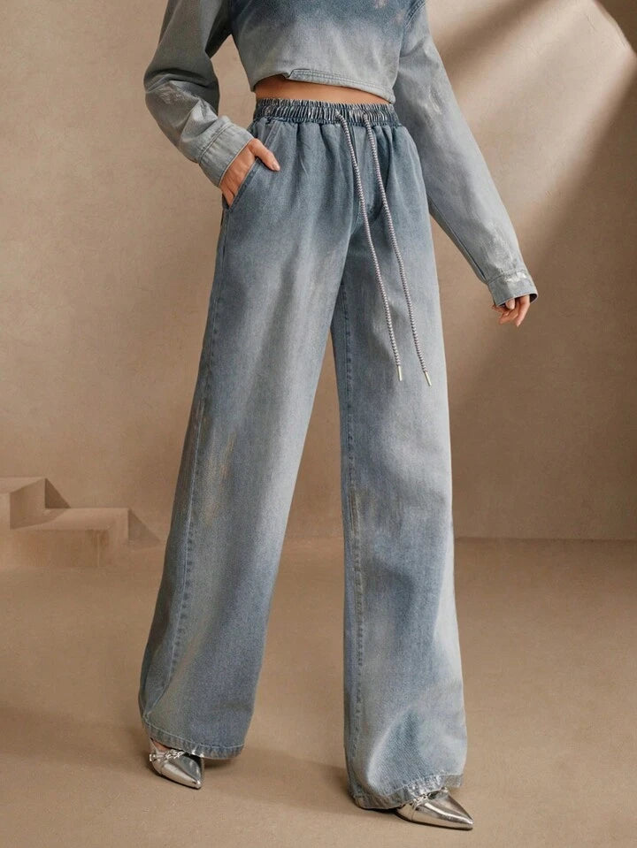 CM-BS188103 Women Casual Seoul Style Drawstring Waist Loose Fit Wide Leg Jeans - Blue