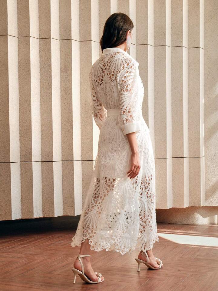 CM-DS168582 Women Elegant Seoul Style Collar Neckline Mid-Sleeve Lace Embroidered Midi Dress - White