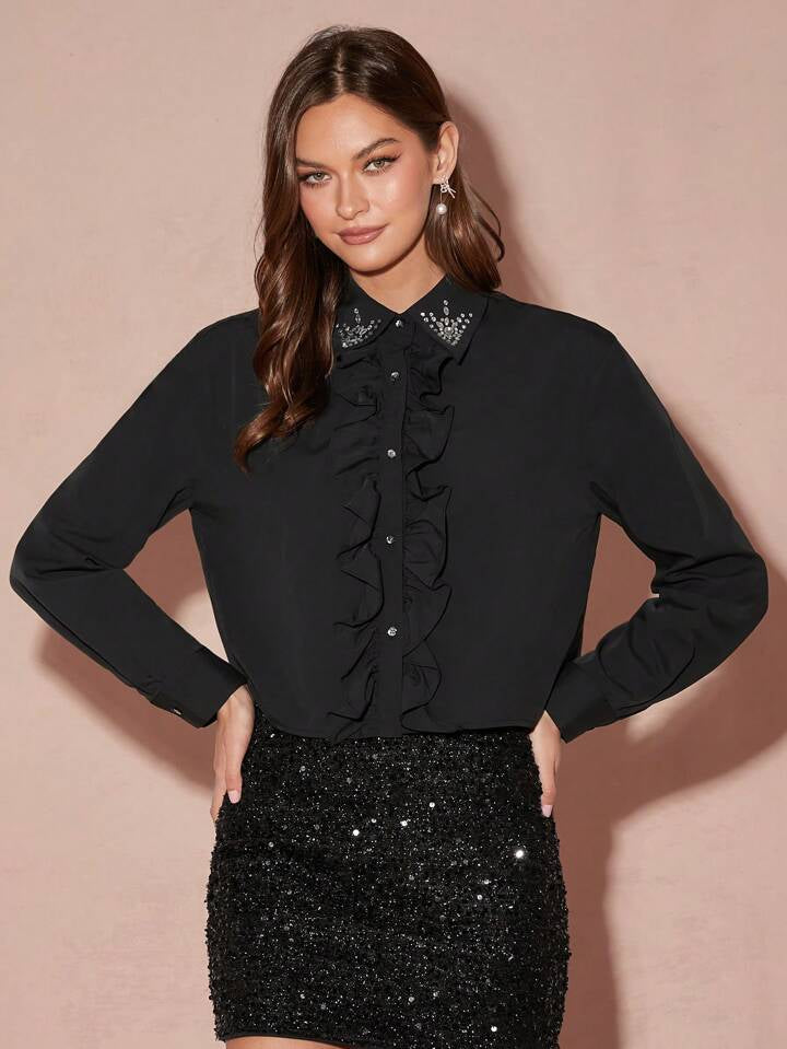 CM-TS993397 Women Elegant Seoul Style Collar Neckline Ruffle Rhinestone Decor Blouse - Black