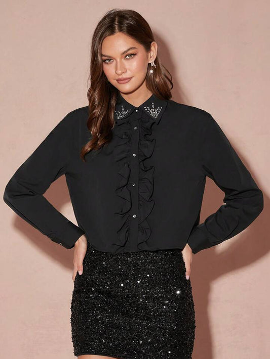 CM-TS993397 Women Elegant Seoul Style Collar Neckline Ruffle Rhinestone Decor Blouse - Black