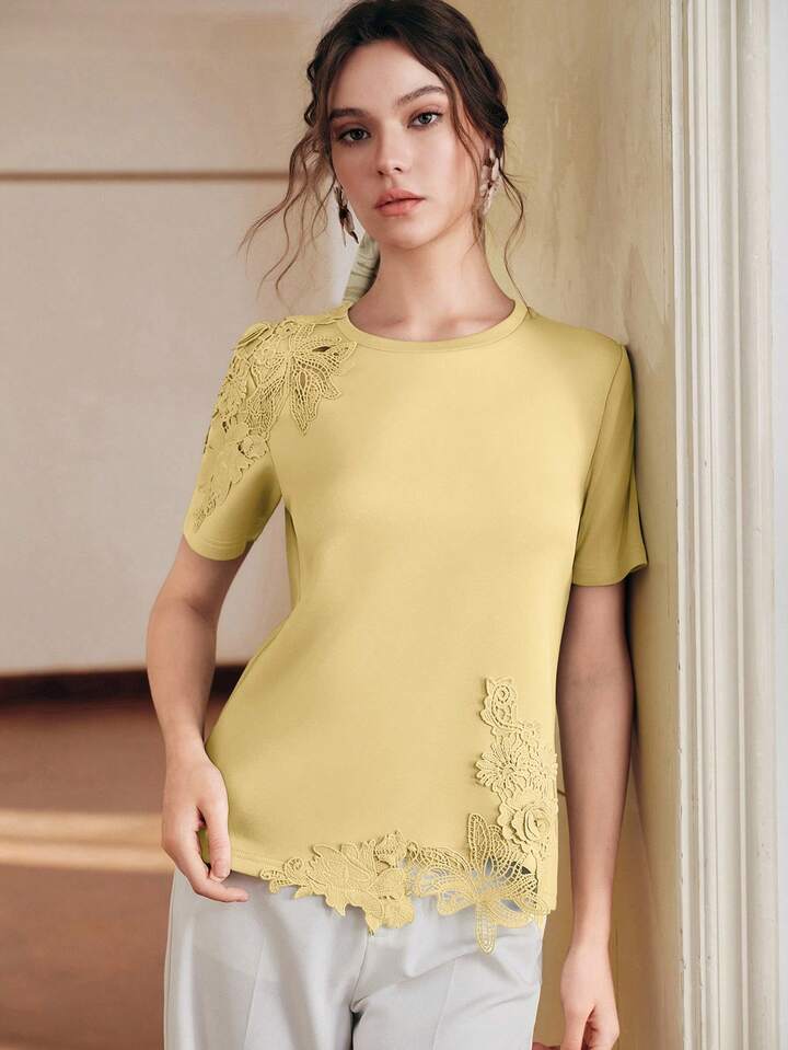 CM-TS332464 Women Elegant Seoul Style Round Neck Short Sleeve Lace Patchwork 3D Embroidered Floral Knit T-Shirt - Yellow