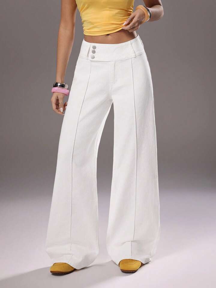 CM-BS569859 Women Casual Seoul Style Mid Waist Extra Long Wide Leg Denim Jeans - White