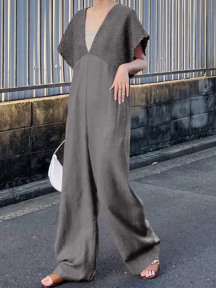 CM-JS643449 Women Trendy Bohemian Style V-Neck With Drawstring Jumpsuit Trousers - Dark Gray