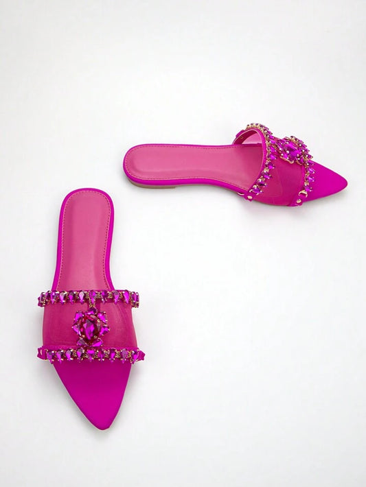 CM-SHS612871 Women Trendy Seoul Style Mesh 3D Floral Rhinestone Chain Flat Sandals - Hot Pink