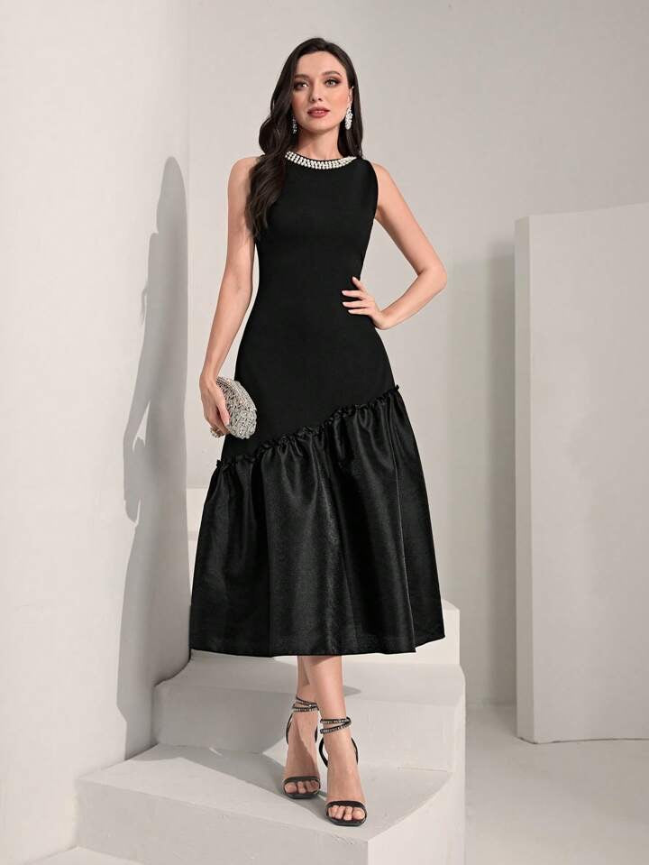 CM-DS309482 Women Elegant Seoul Style Sleeveless Pearls Beaded Ruffle Hem Dress - Black