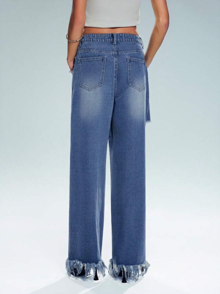 CM-BS899655 Women Casual Seoul Style Mid Waist Patchwork Frayed Hem Wide Leg Jeans - Blue