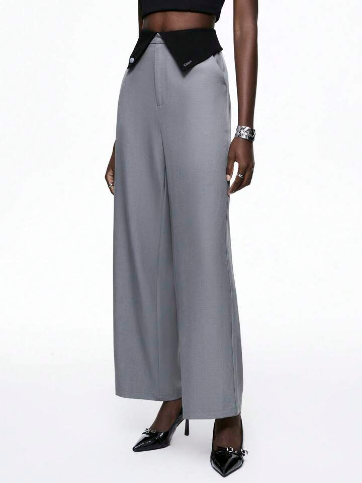 CM-BS093038 Women Elegant Seoul Style Fold-Over Asymmetrical Button High Waist Pants - Gray