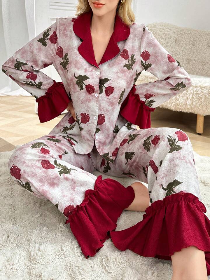 CM-LS114412 Women Trendy Seoul Style Colorblock Ruffle Collar Bubble Crepe Floral Print Sleepwear Set