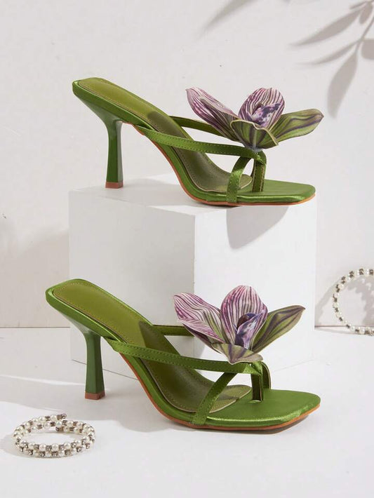 CM-SHS191592 Women Trendy Seoul Style Floral Open Toe Stiletto High Heel Sandals - Green