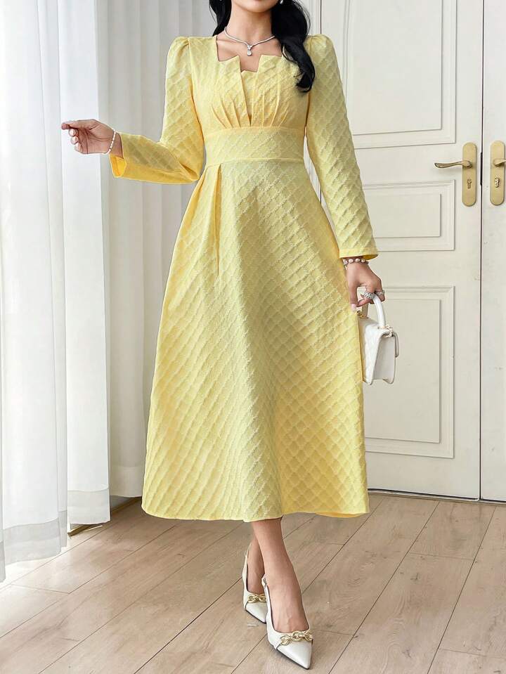 CM-DS227858 Women Elegant Seoul Style Square Neck Puff Sleeve Plaid Jacquard Gathered Dress - Yellow