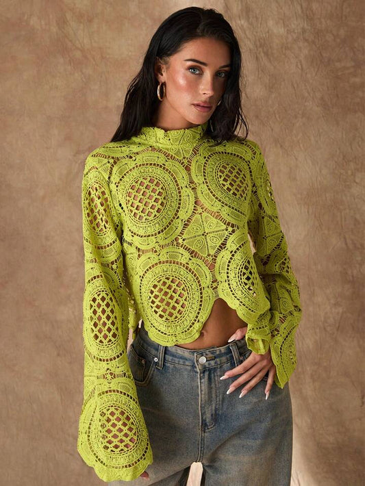 CM-TS777263 Women Casual Seoul Style Stand Collar Lace Hollow-Out See-Through Blouse - Green