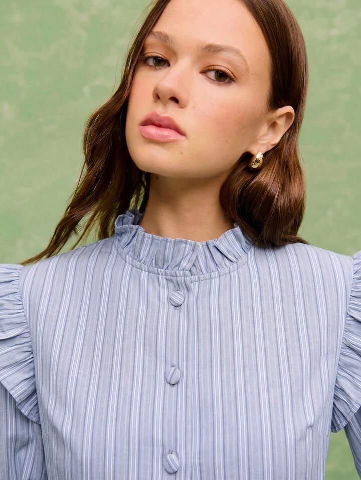 CM-JS373559 Women Casual Seoul Style Ruffled Collar Puff Sleeve Wide Leg Pinstripe Jumpsuit - Blue