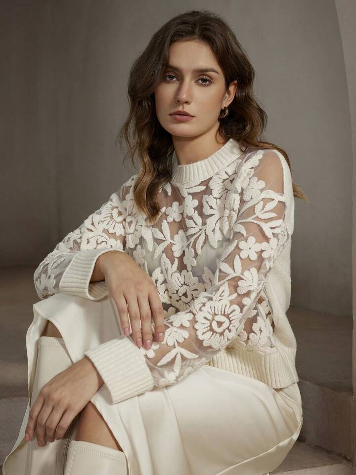 CM-CS716212 Women Casual Seoul Style Floral Pattern Round Neck Long Sleeve Knit Sweater - White