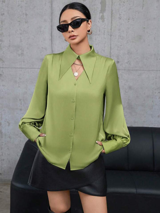 CM-TS864978 Women Elegant Seoul Style Pointed Collar Lantern Sleeve Shirt - Green