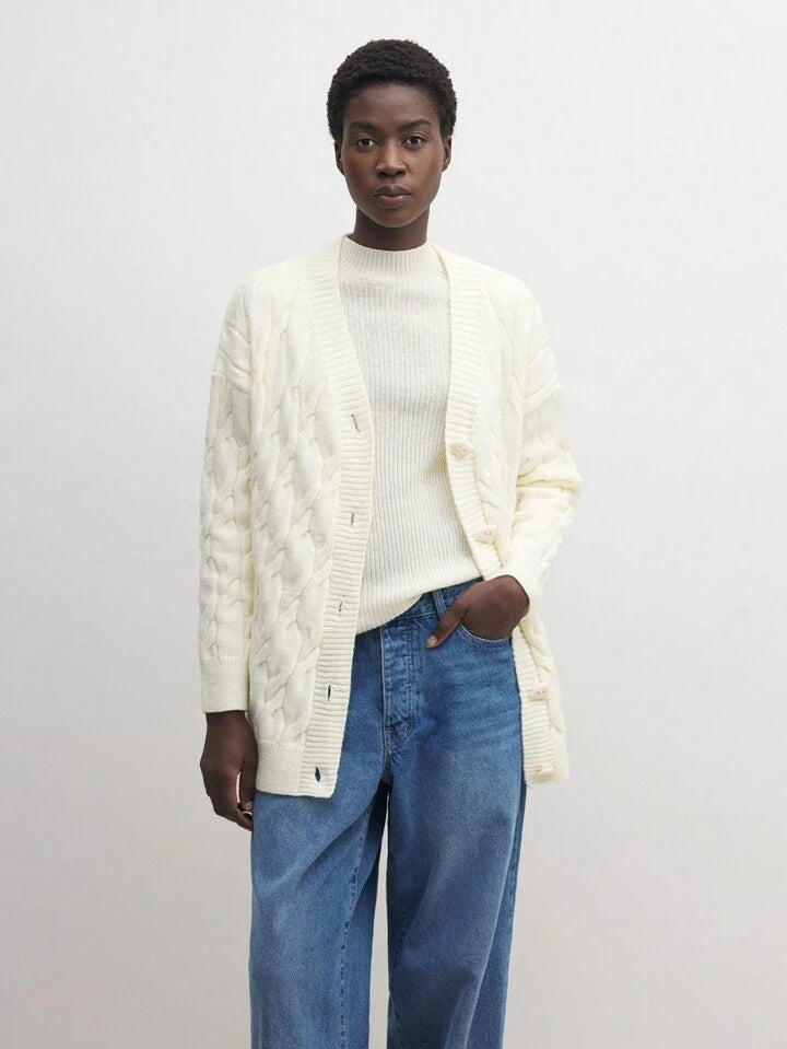 CM-CS755520 Women Casual Seoul Style V-Neck Drop Shoulder Long Sleeve Thermal Lined Cardigan Sweater