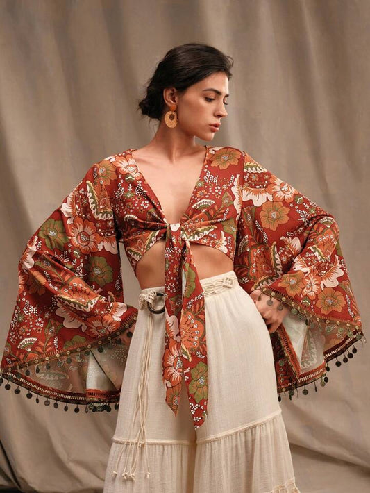 CM-TS241574 Women Trendy Bohemian Style Printed Tassel Patchwork Oversized Bell Sleeves Shirt