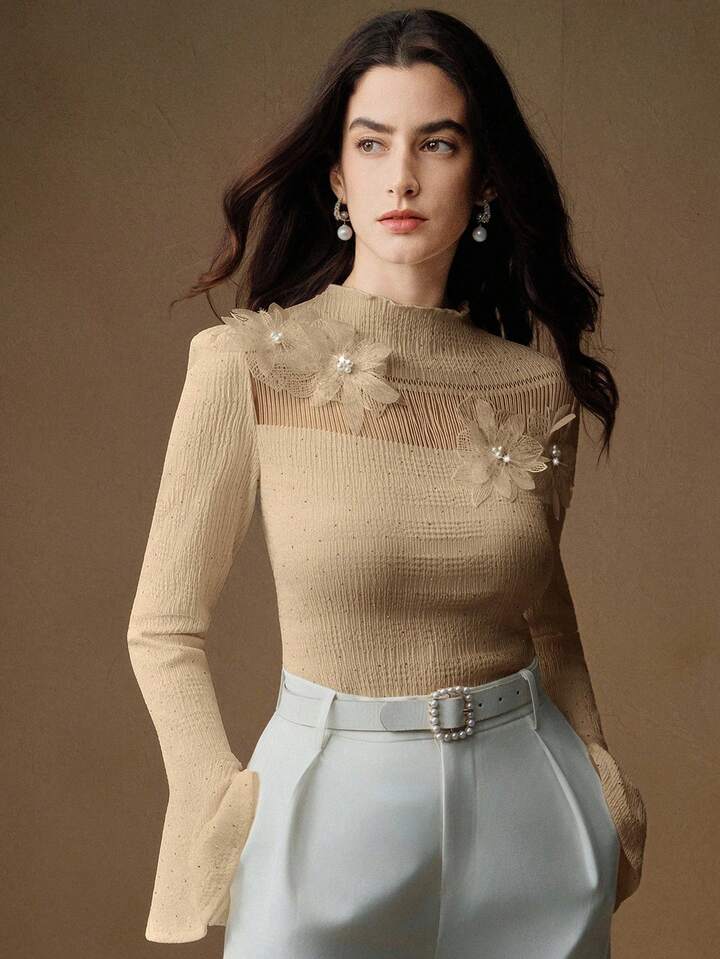 CM-TS240724 Women Elegant Seoul Style Floral Appliques Stand Collar Extra Long Flared Sleeve Blouse - Khaki