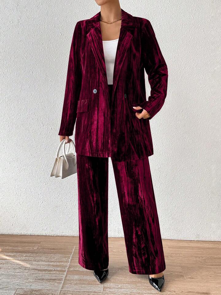 CM-SS022111 Women Elegant Seoul Style Stand Collar Long Sleeve Velvet Jacket With Straight Leg Pants Suit - Burgundy