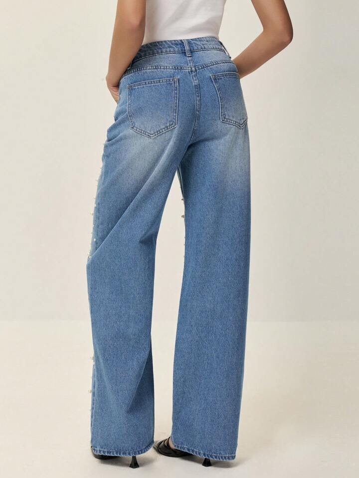 CM-BS821619 Women Elegant Seoul Style Light Wash Pearl Decor Striaght Leg Extra Long Jeans