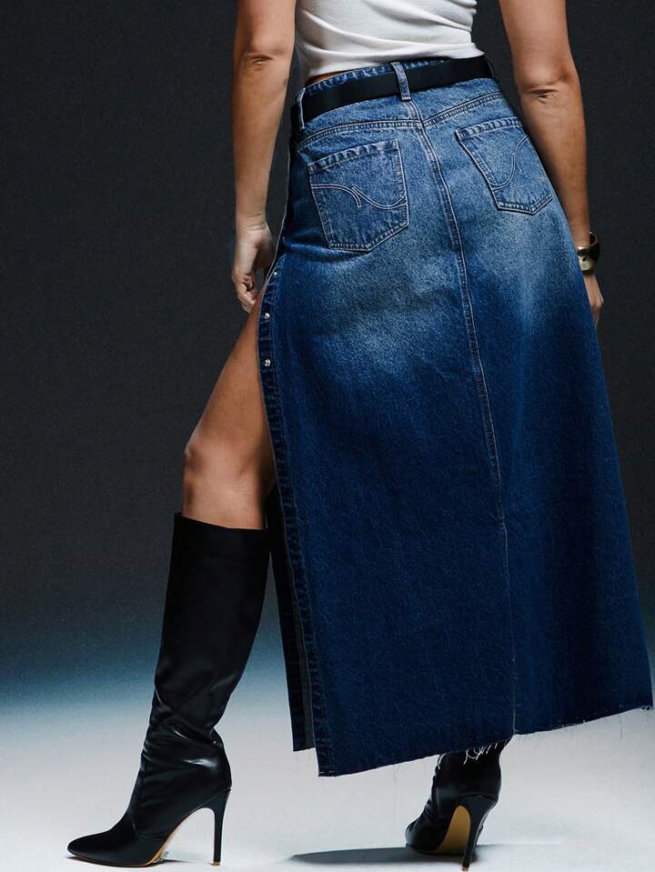 CM-BS662032 Women Casual Seoul Style Medium Wash High Side Slit Snap Button Maxi Skirt