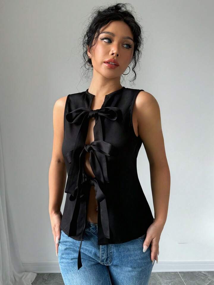CM-TS907404 Women Casual Seoul Style Solid Color Tie Strap Sleeveless Top - Black