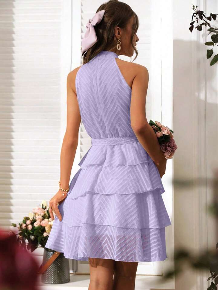 CM-DS415034 Women Casual Seoul Style Off Shoulder Multi-Layer Hem Dress - Purple