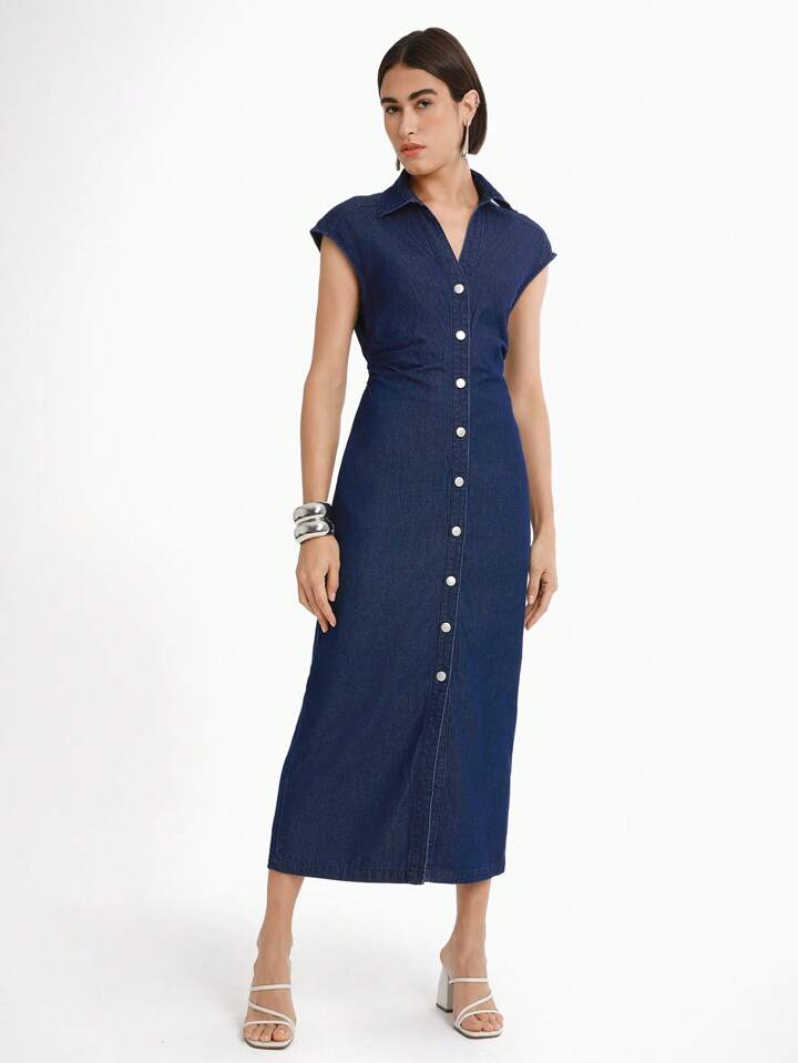CM-DS021713 Women Casual Seoul Style Dark Wash Collar Neckline Sleeveless Lapel Straight Denim Dress