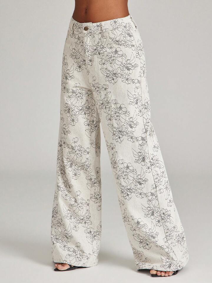 CM-BS532226 Women Casual Seoul Style High Waist Jacquard Floral Print Wide-Leg Jeans