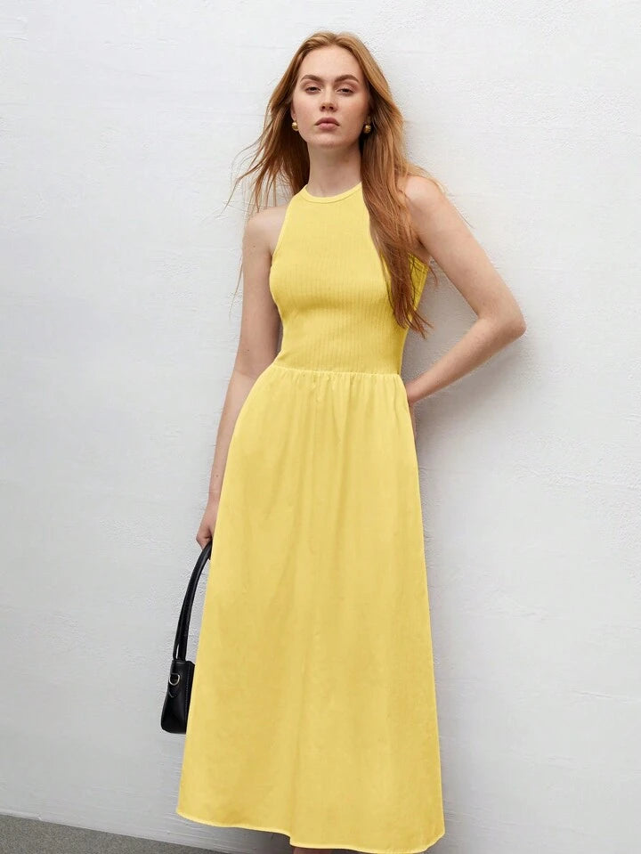 CM-DS644434 Women Trendy Bohemian Style Round Neck Sleeveless High Waist Slim Fit Dress - Yellow