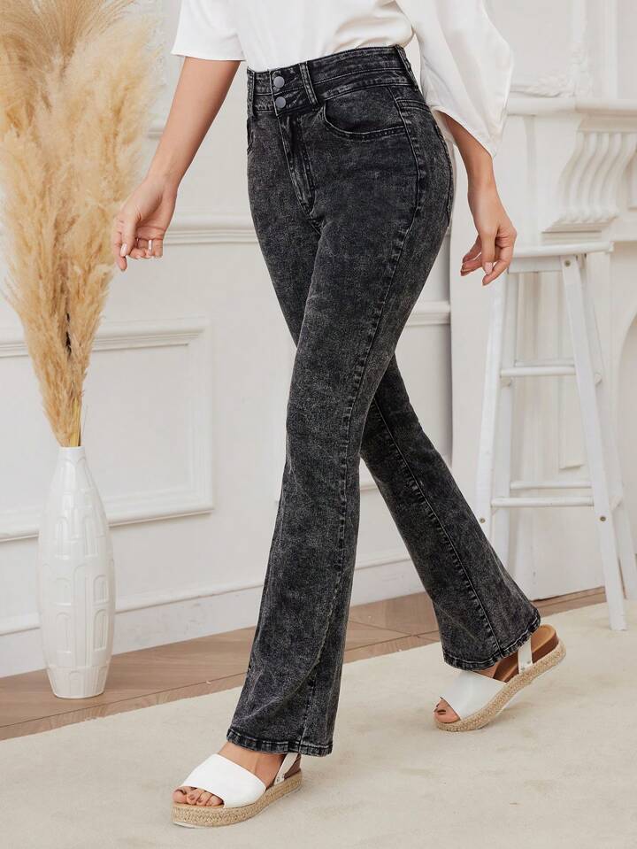 CM-BS448092 Women Casual Seoul Style High Waisted Slim Fit Double Layered Flared Jeans - Dark Gray