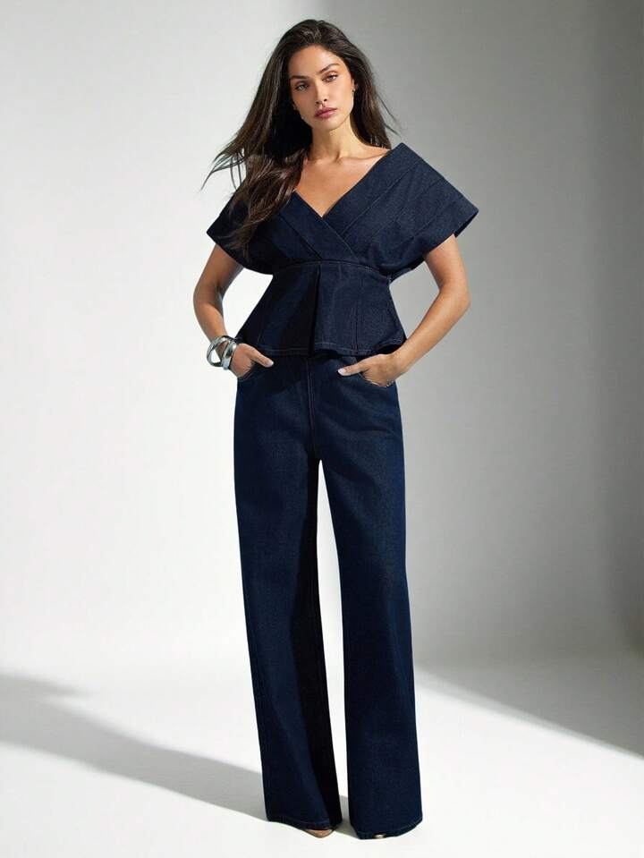 CM-TS395568 Women Elegant Seoul Style Dark Wash V-Neck Batwing Sleeve Pleated Off Shoulder Denim Top