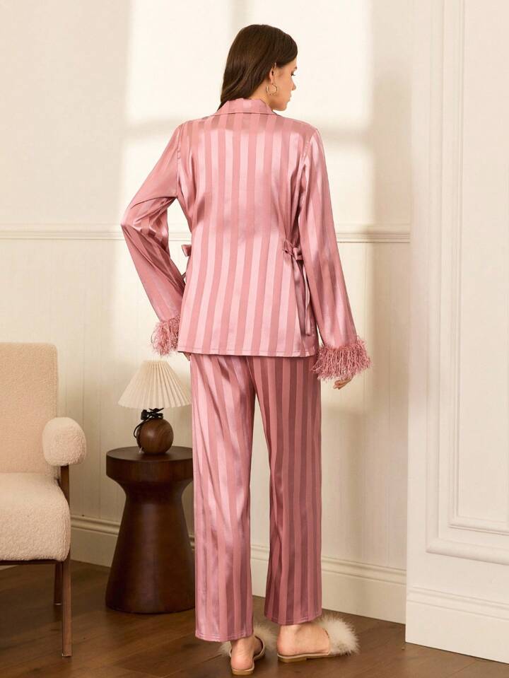 CM-LS269641 Women Trendy Seoul Style Deep V-Neck Jacquard Striped Knit Cuff Pajamas Set - Baby Pink
