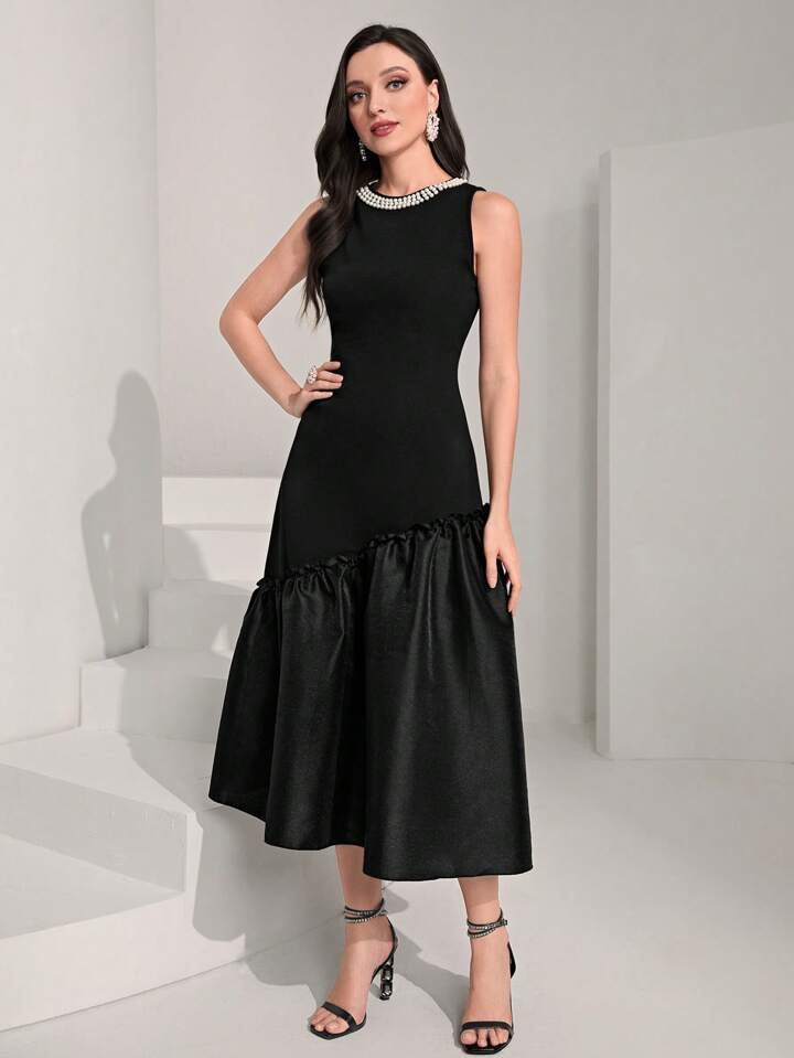 CM-DS309482 Women Elegant Seoul Style Sleeveless Pearls Beaded Ruffle Hem Dress - Black