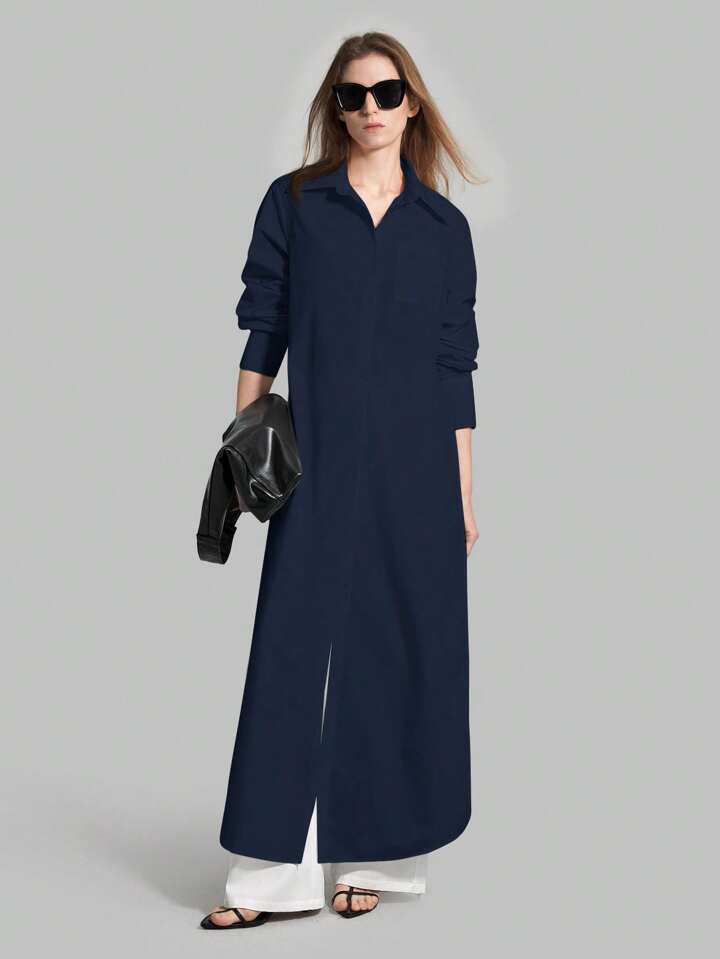 CM-TS896861 Women Casual Seoul Style Shirt Collar Long Sleeve Front Button High Slit Long Shirt - Navy Blue