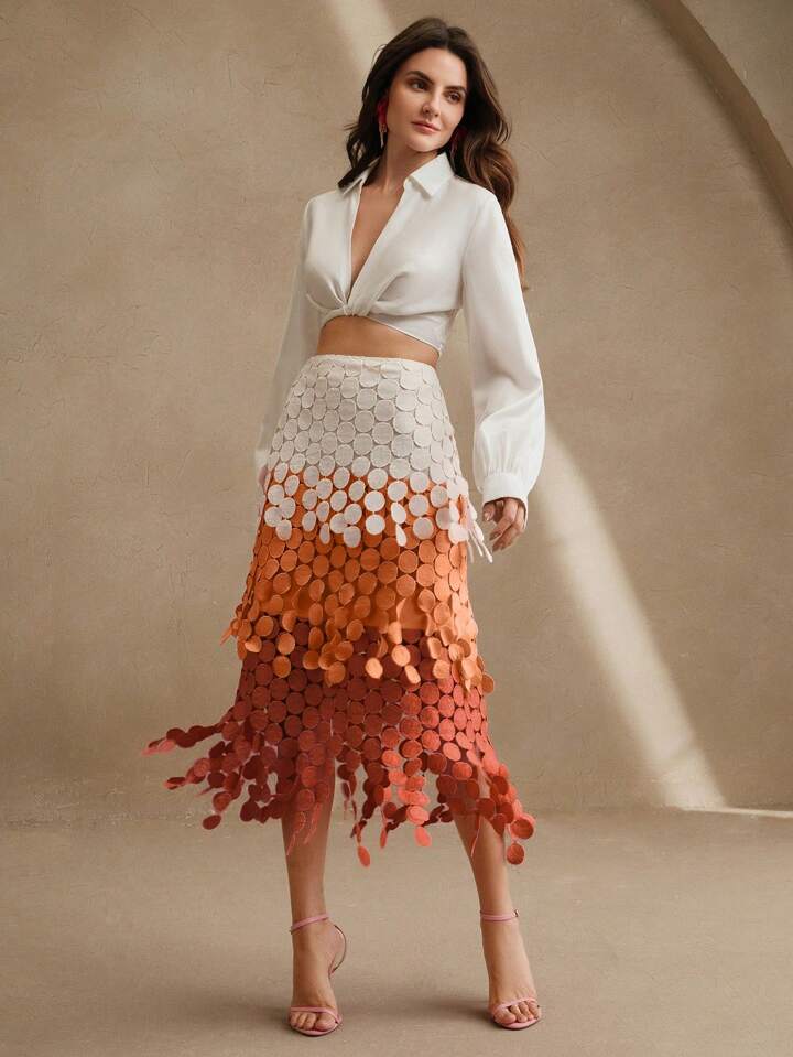 CM-BS433333 Women Trendy Bohemian Style Hollow Out Embroidery Tassel High Waist Flowy Skirt - Orange