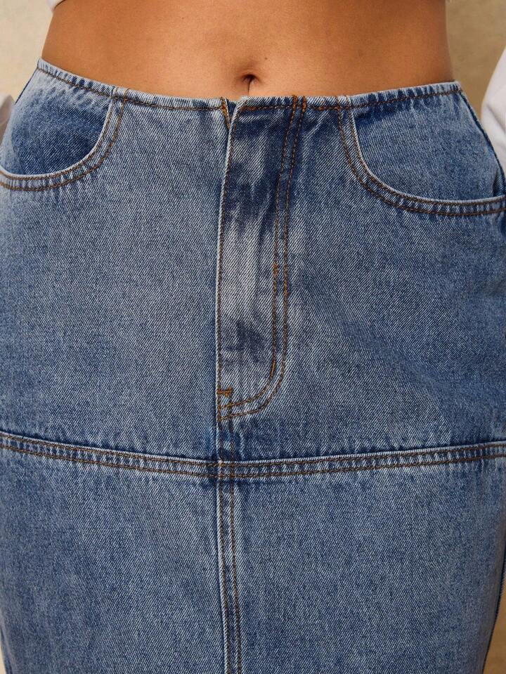 CM-BS139511 Women Casual Seoul Style Dark Wash High Waist Mermaid Hem A-Line Maxi Denim Skirt