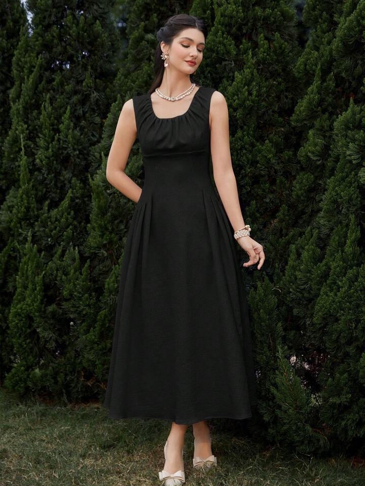 CM-DS541324 Women Elegant Seoul Style Solid Color Sleeveless Pleated A-Line Midi Dress - Black